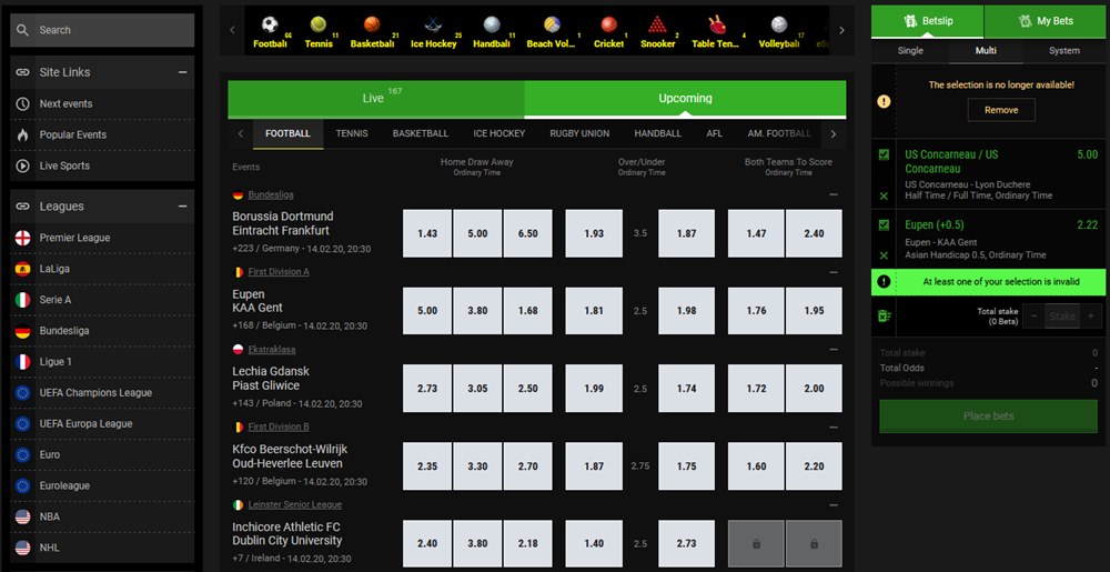 Overview of sports available with the bookmaker